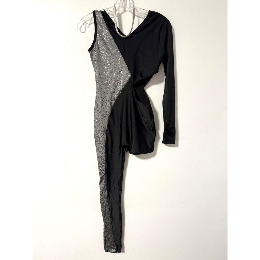 Curtain Call Black Silver Sequin Asymmetrical One Leg Dance Costume Child XL